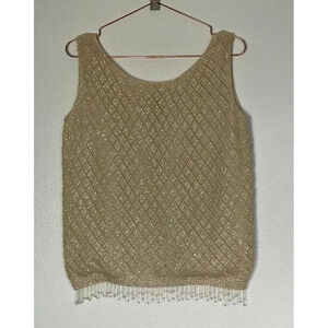 Vintage Prince Womens Sleeveless Sequins Beaded Wool Tank Top Cream Size 40